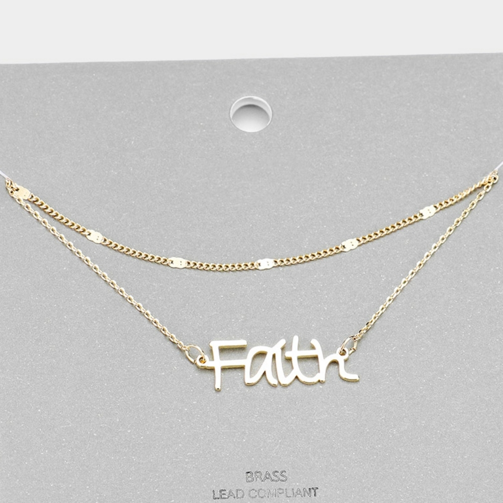 Gold FAITH Layered Word Pendant Necklace Chain
